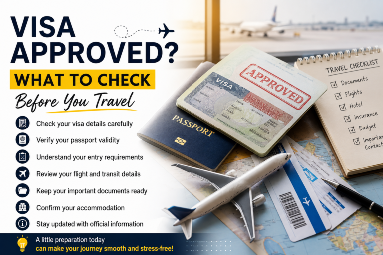 Visa approved travel checklist with passport, flight tickets, and important documents before international travel.